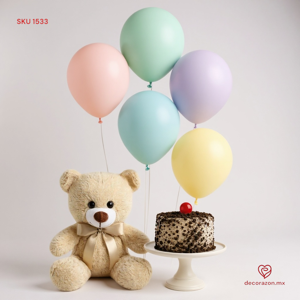 Osito,pastel individual y ramillete de globos látex de colores