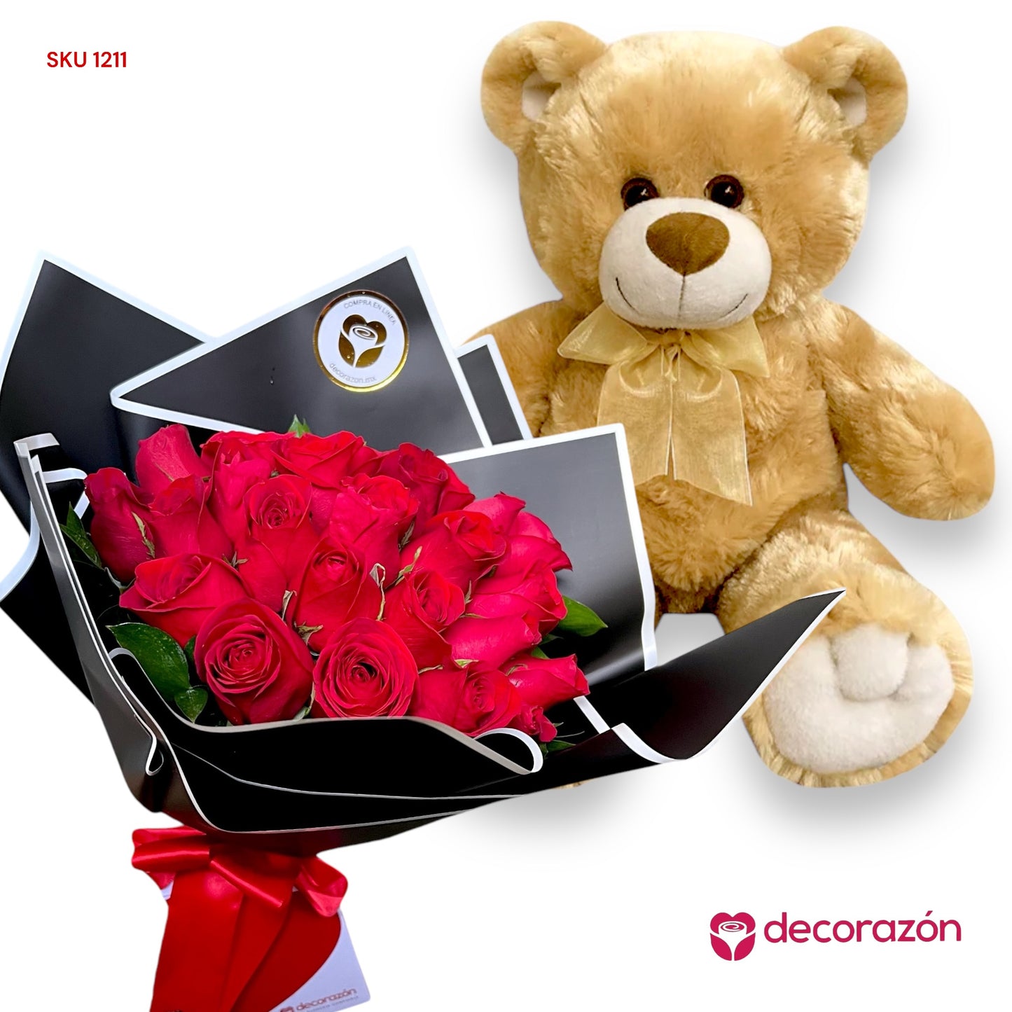 Ramo de 24 Rosas rojas y Oso de peluche 50cm