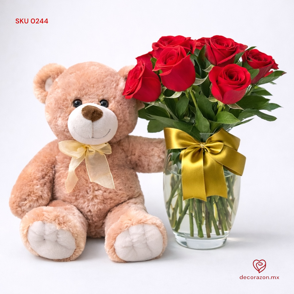 Florero de 12 rosas rojas y Oso de Peluche de 35 cm