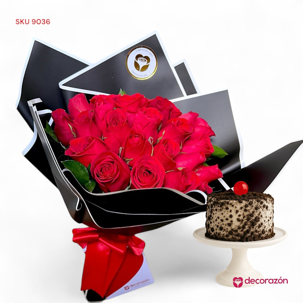 Ramo de 24 rosas rojas y pastelito individual