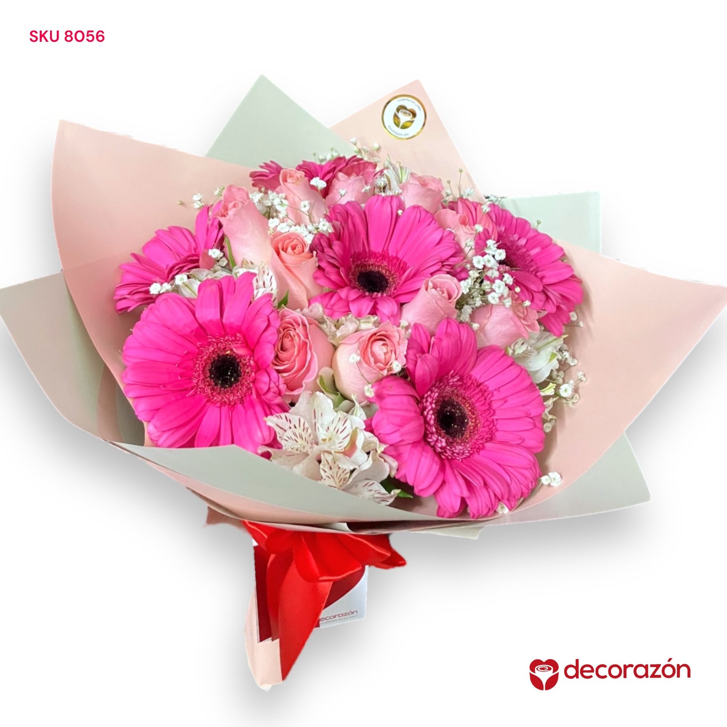 Ramo de rosas rosas y Gerberas fiusha