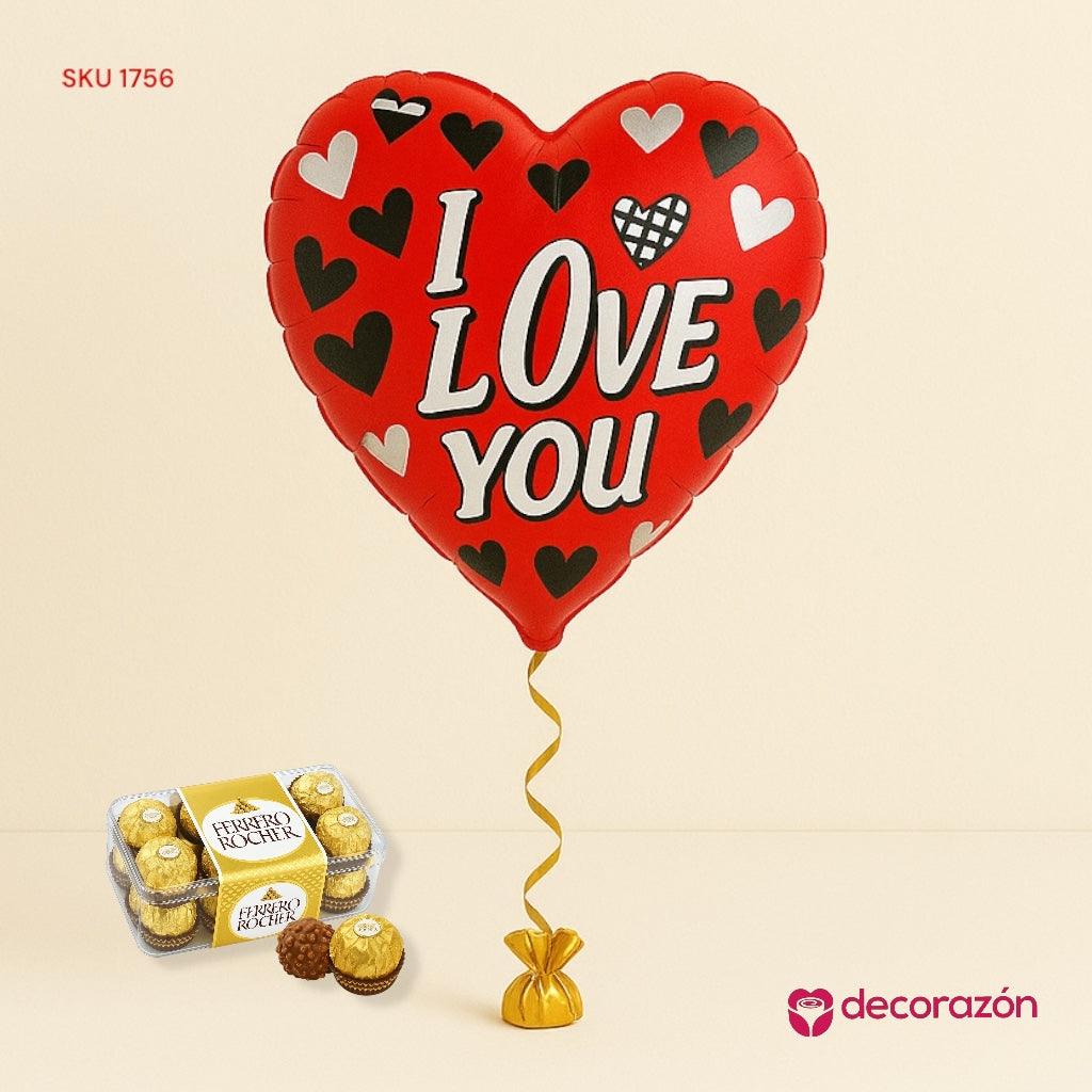Globo 18’ Amor y caja 16 chocolates Ferrero