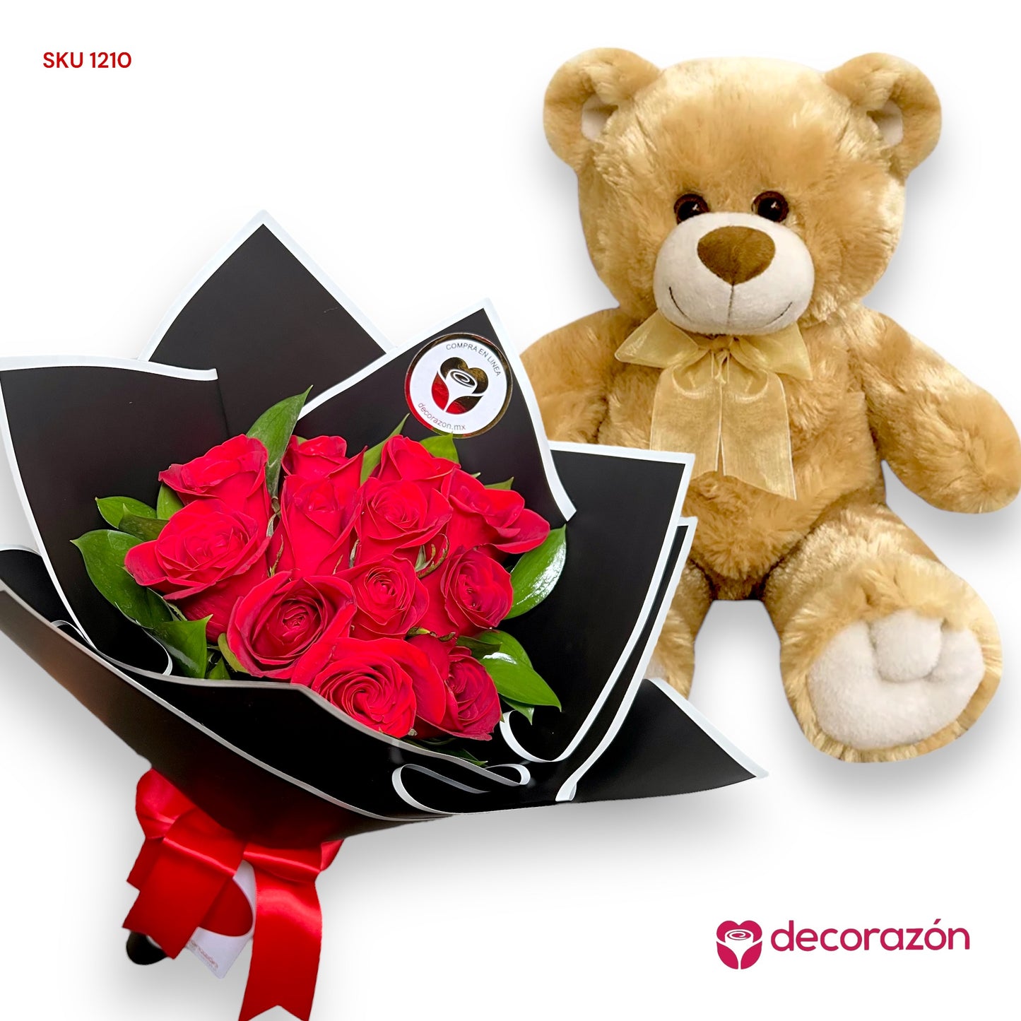 Ramo 12 rosas rojas y Osito de peluche 50cm