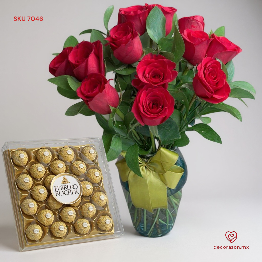 Florero 12 Rosas rojas y caja 24 Ferreros