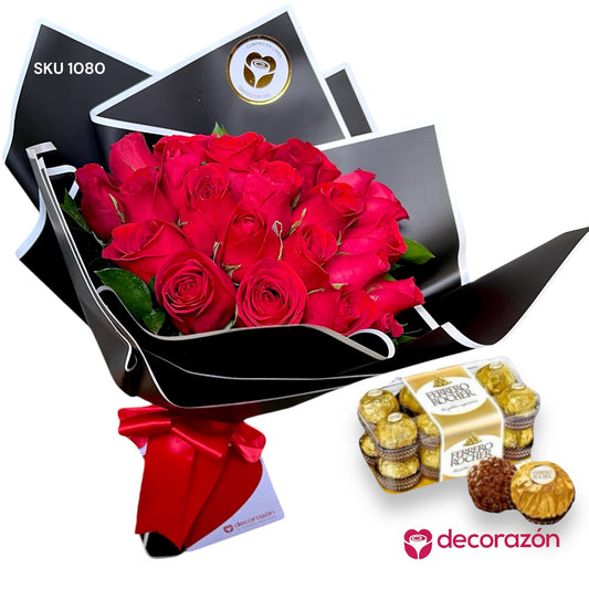 Ramo de 24 rosas rojas y caja de chocolates Ferrero 16 piezas