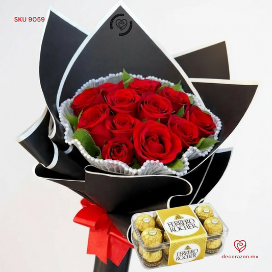Ramo de 12 rosas rojas y caja de chocolates Ferrero 16 piezas