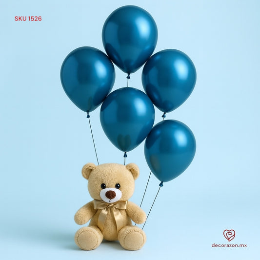 Ramillete de globos de látex color azul y osito de peluche