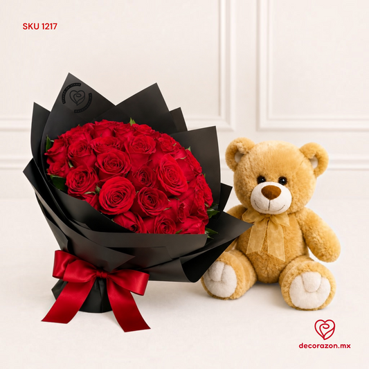 Ramo de 50 Rosas rojas y Oso de peluche 50cm