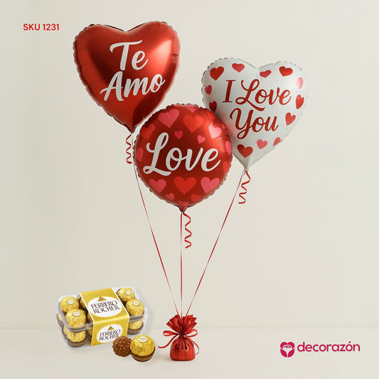 Ramillete de 3 globos 18’ motivo Amor y Caja de chocolates
