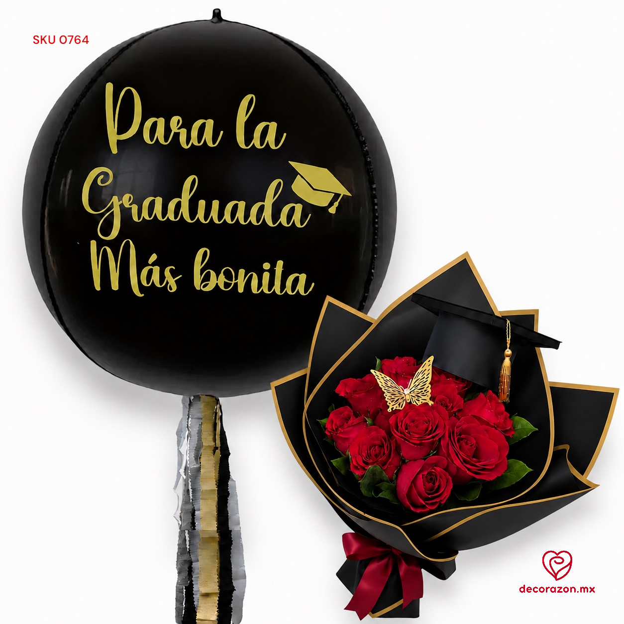 Globo Orbz graduación y Ramo de rosas rojas