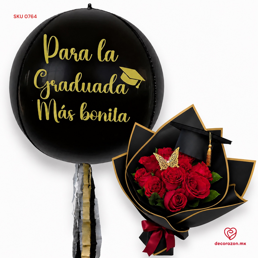 Globo Orbz graduación y Ramo de rosas rojas
