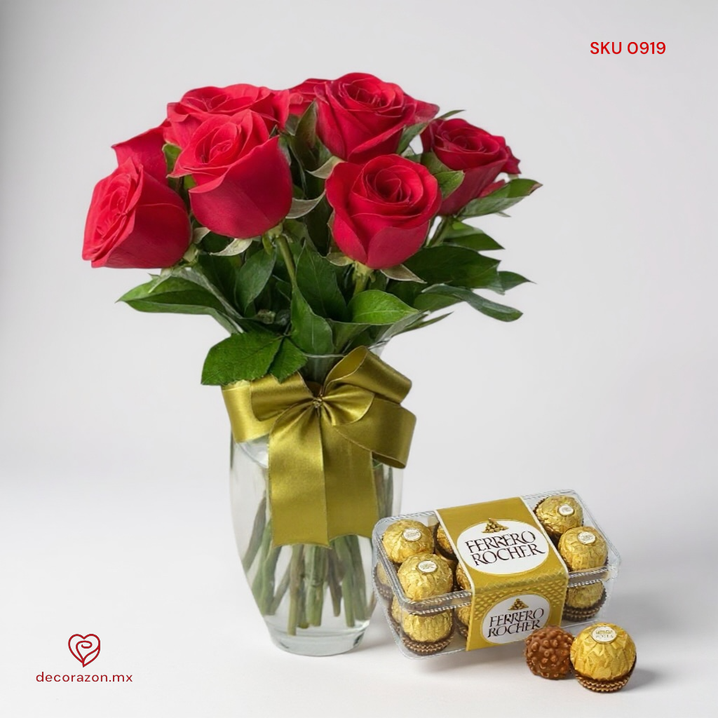 Florero de 12 rosas rojas y Caja de chocolates Ferrero