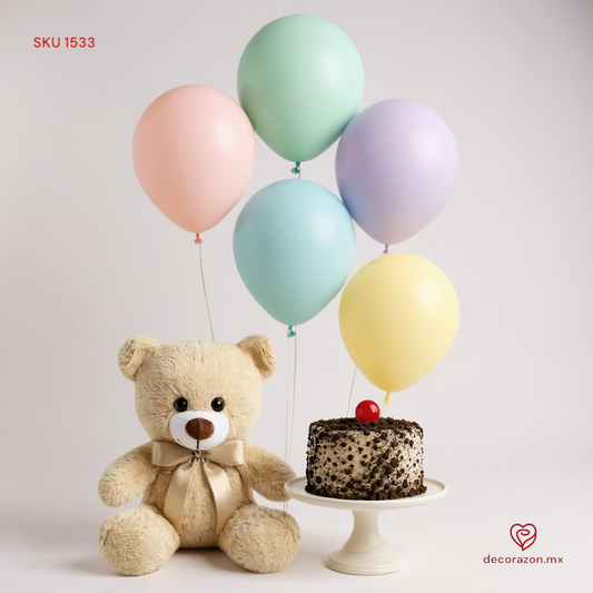 Osito,pastel individual y ramillete de globos látex de colores