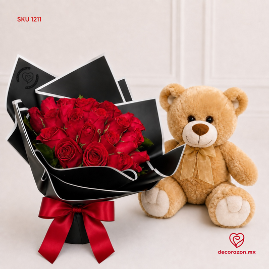 Ramo de 24 Rosas rojas y Oso de peluche 50cm