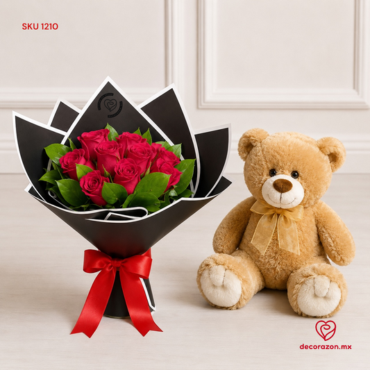 Ramo 12 rosas rojas y Osito de peluche 50cm