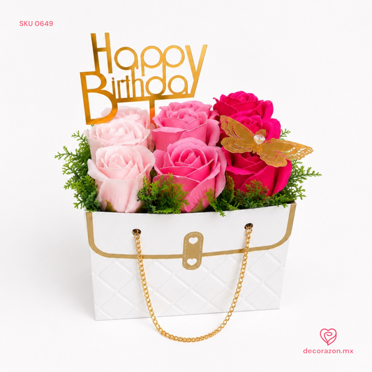 Caja Happy Birthday rosas eternas rosadas