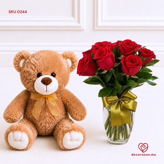 Florero de 12 rosas rojas y Oso de Peluche de 50cm