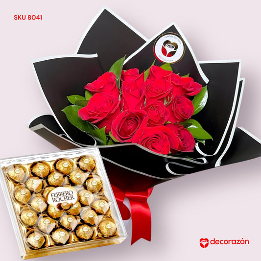 Ramo de 12 rosas rojas y caja de 24 chocolates Ferrero