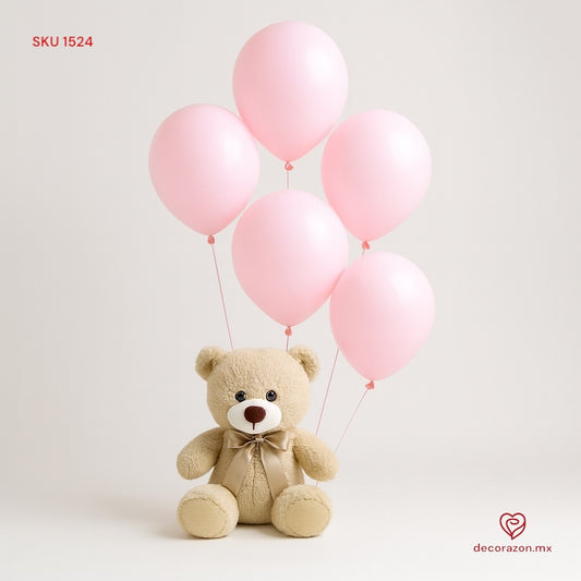 Ramillete de globos de látex color rosa y osito de peluche