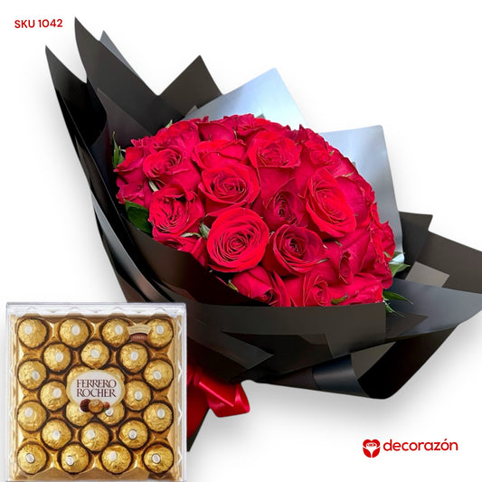 Ramo de 50 Rosas rojas y Cajas de 24 chocolates Ferrero