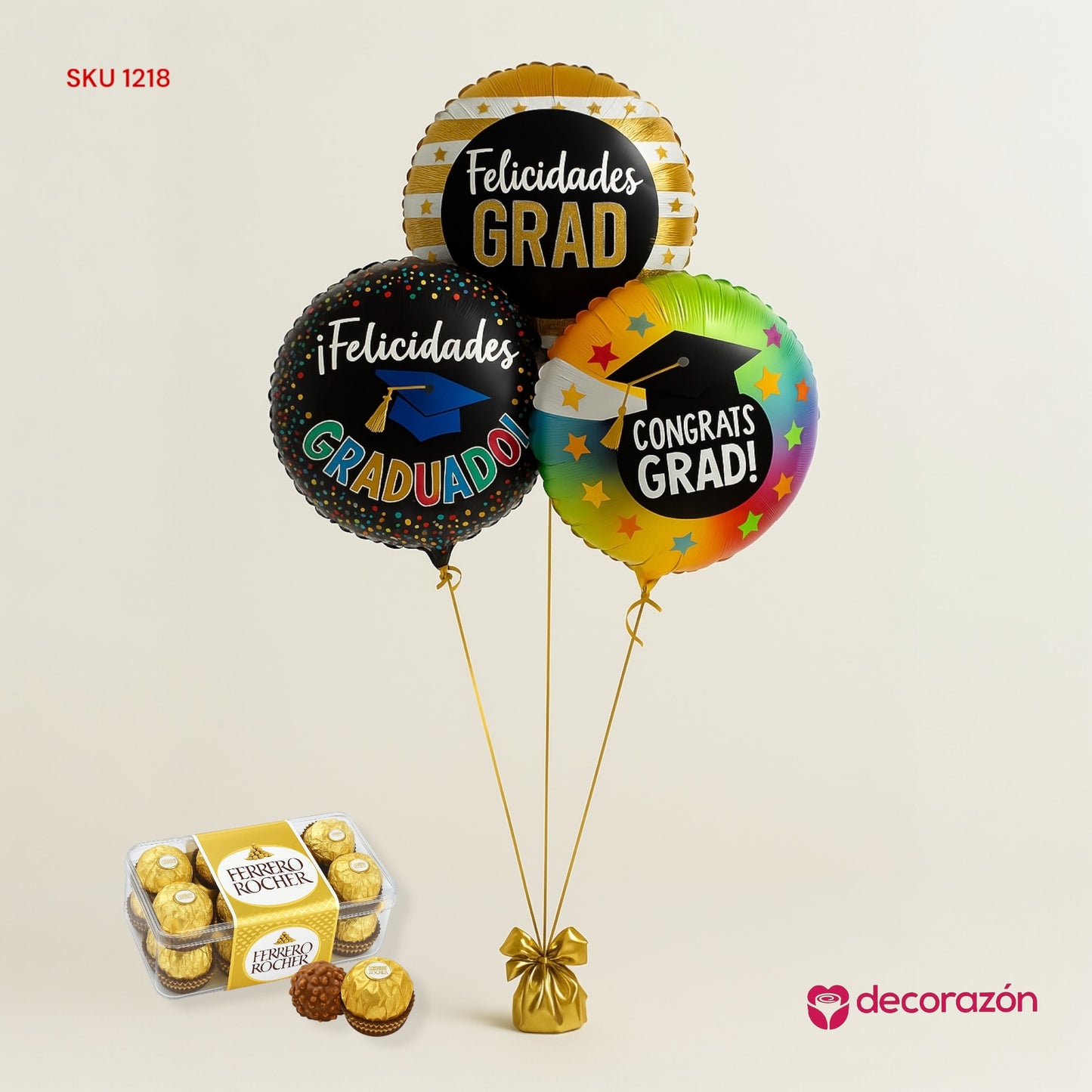 Ramillete de 3 globos 18’ motivo Graduación y caja de chocolates