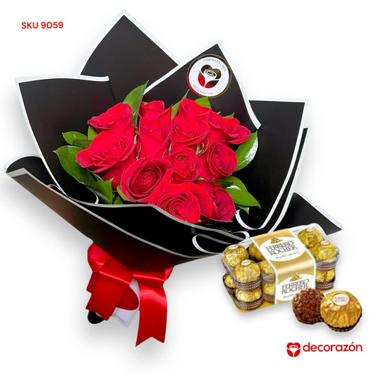 Ramo de 12 rosas rojas y caja de chocolates Ferrero 16 piezas