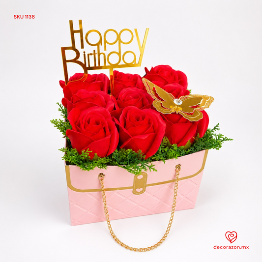 Caja Happy Birthday rosas eternas rojas