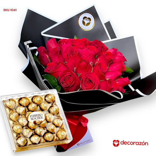 Ramo de 24 rosas rojas y caja de 24 chocolates Ferrero