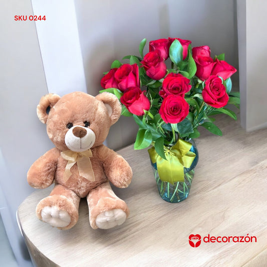 Florero de 12 rosas rojas y Oso de Peluche de 35 cm