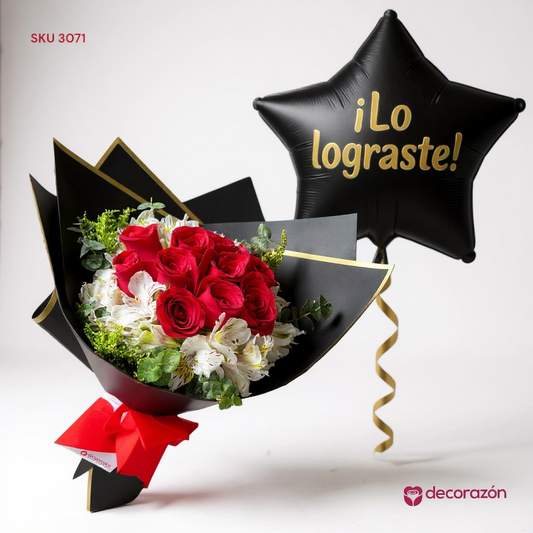 Ramo de rosas rojas y Globo estrella negra graduación