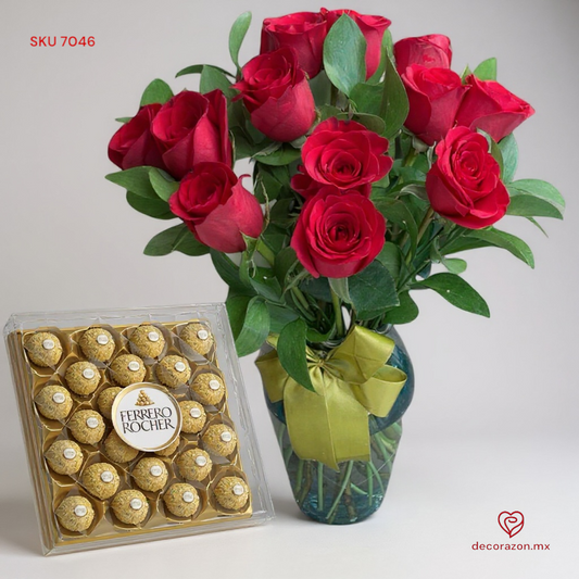 Florero 12 Rosas rojas y caja 24 Ferreros
