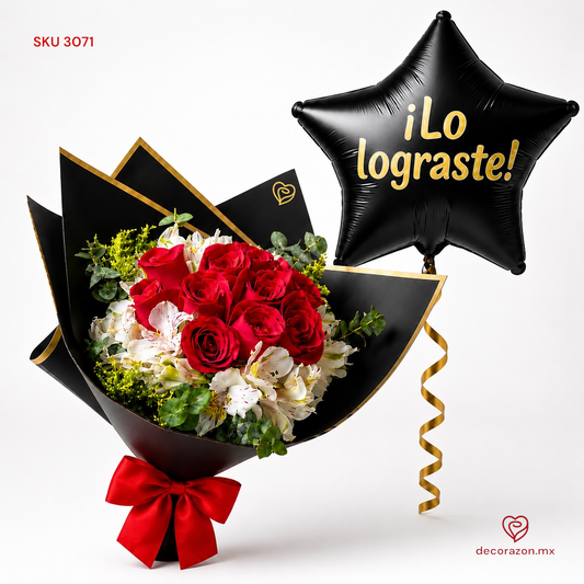 Ramo de rosas rojas y Globo estrella negra graduación