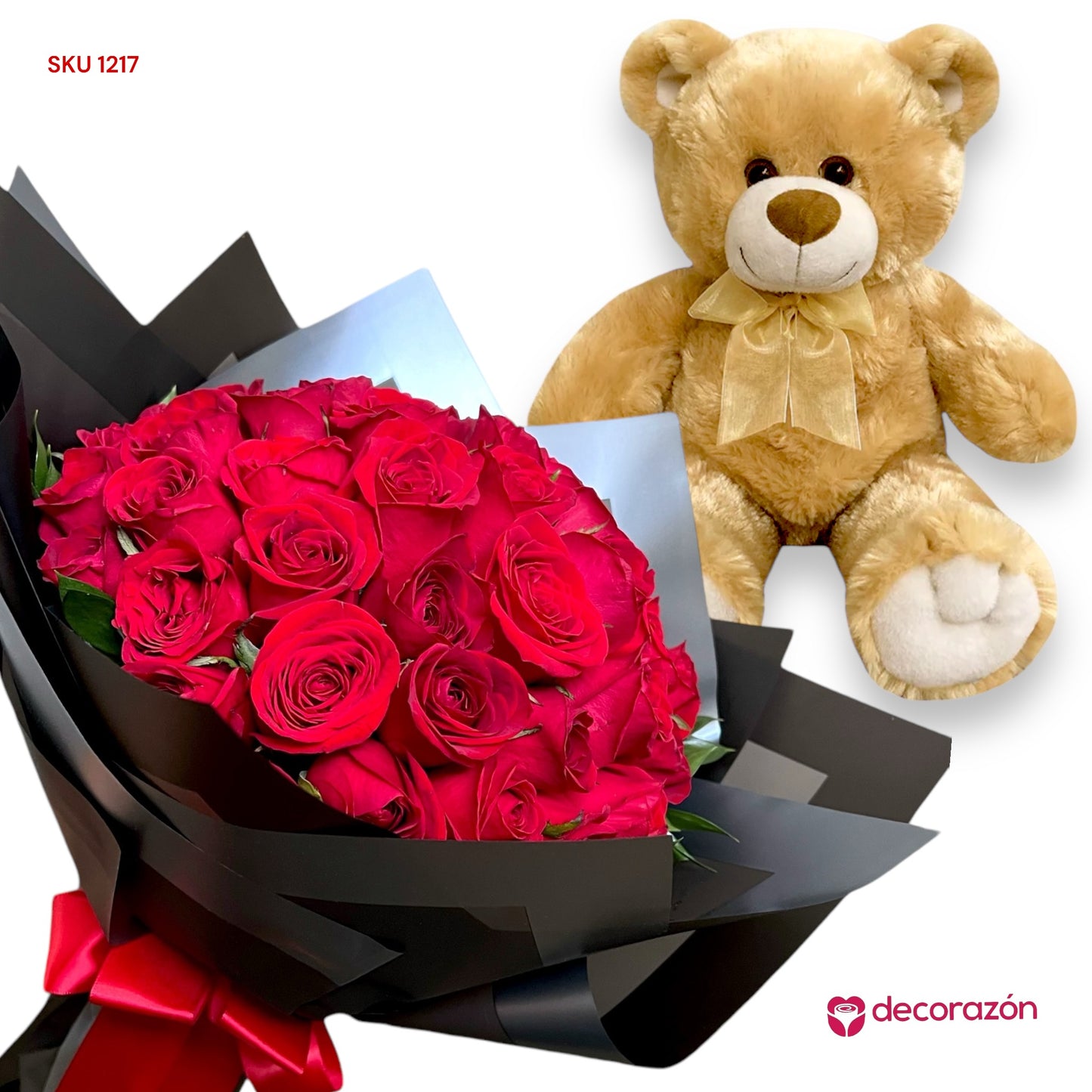 Ramo de 50 Rosas rojas y Oso de peluche 50cm