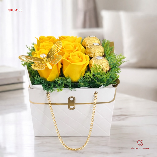 Caja rosas amarillas eternas y chocolates